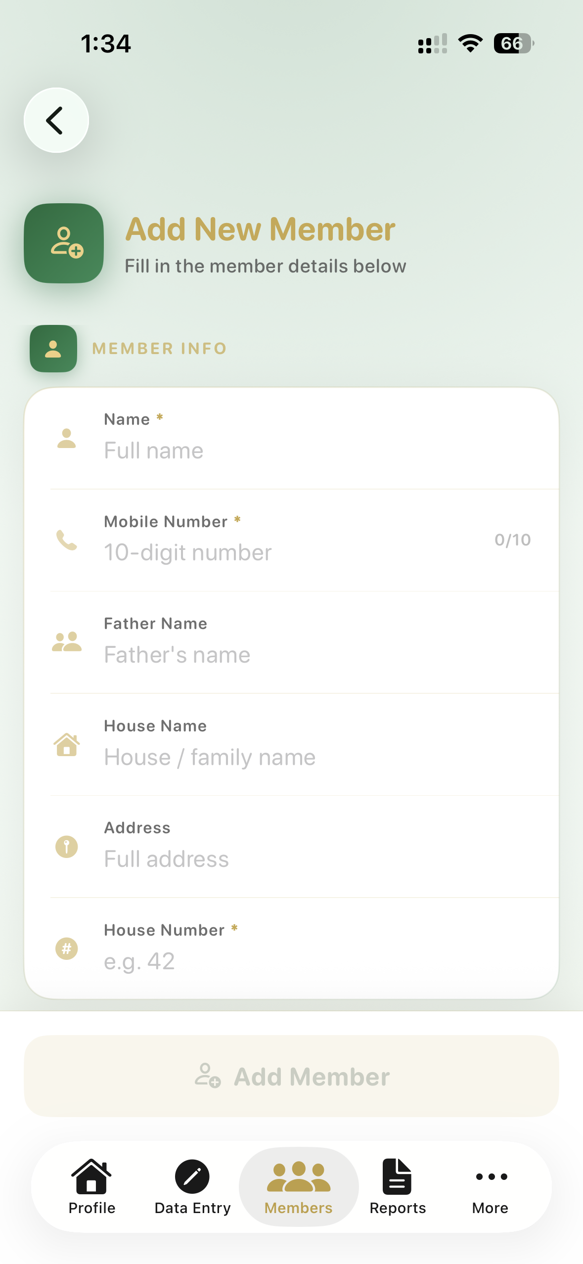 Add New Member screen in Mahallu App showing member name, mobile number, father's name, house name, address, and mahallu house number fields